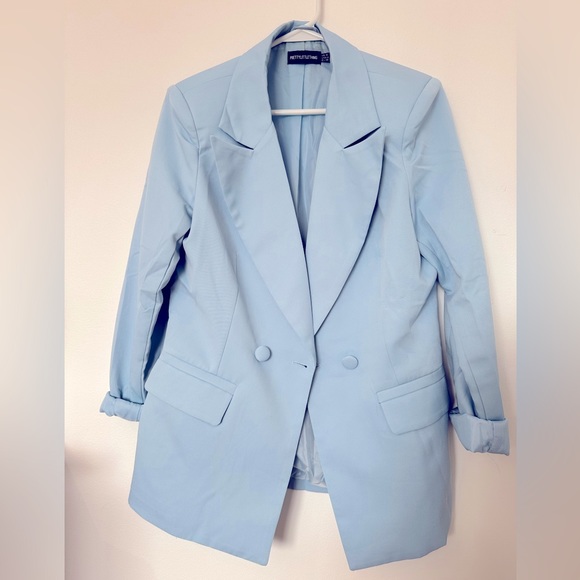 PrettyLittleThing Light Blue Woven Pocket Detail Double Breasted Blazer - Picture 9 of 9